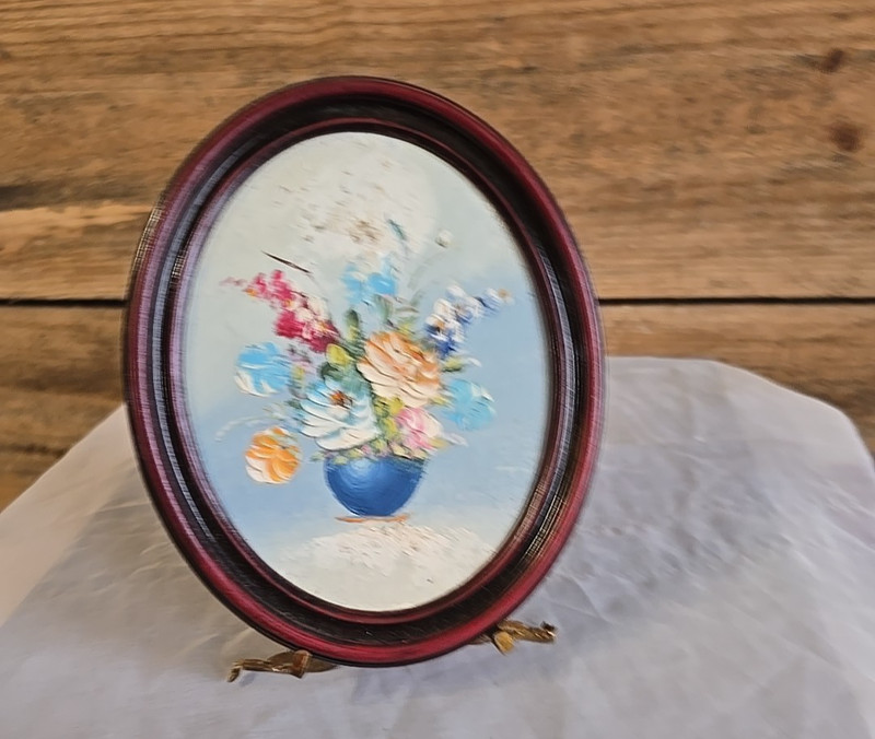 Vintage Red Plastic Framed Textured Still Life Floral Painting
