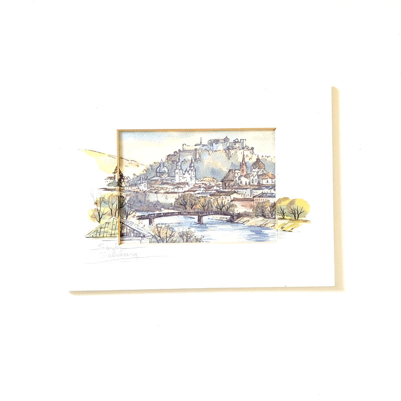 Original Watercolor Ink Sketch, Salzburg Austria, Hohensalzburg Fortress, Signed