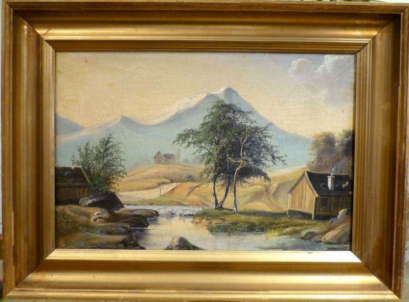 TROELS LUND! MOUNTAIN LANDSCAPE WITH HOUSE AT THE STREAM. PAINTED AROUND 1850