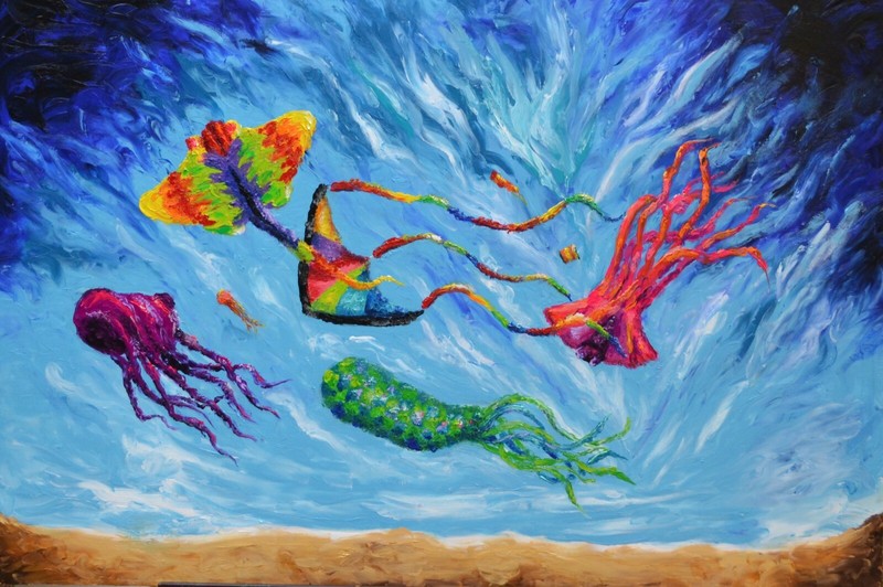 KITES original 36″x24″ oil painting on PANEL| sky,flying,art,kite, Beach Sand