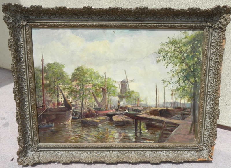 Dutch School mid 20th century impressionist painting canal scene and windmill