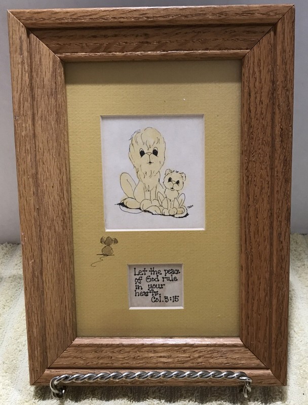 Lioness lion Cub Painting by Theda Framed 7”x 10” “Let the peace of God rule….”