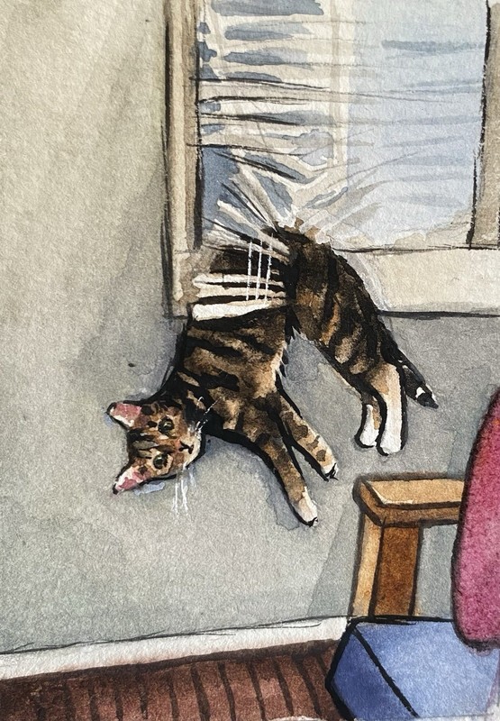 ACEO 100% Hand Painted Original Mixed Media Painting Art Playful Cat
