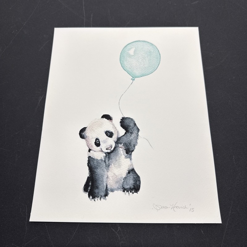 Original Watercolor Baby Monkey Blue Umbrellas Signed Susan Khovich 2015