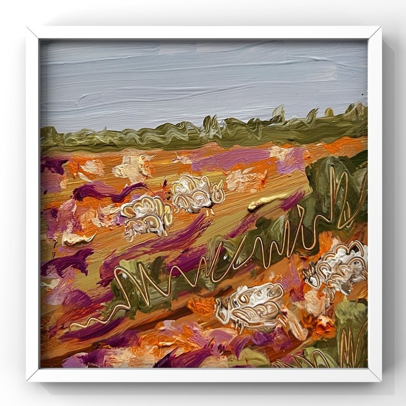 Sunset Landscape Sheep in Vibrant Provence Lavender Landscape – Tiny Oil Artwork