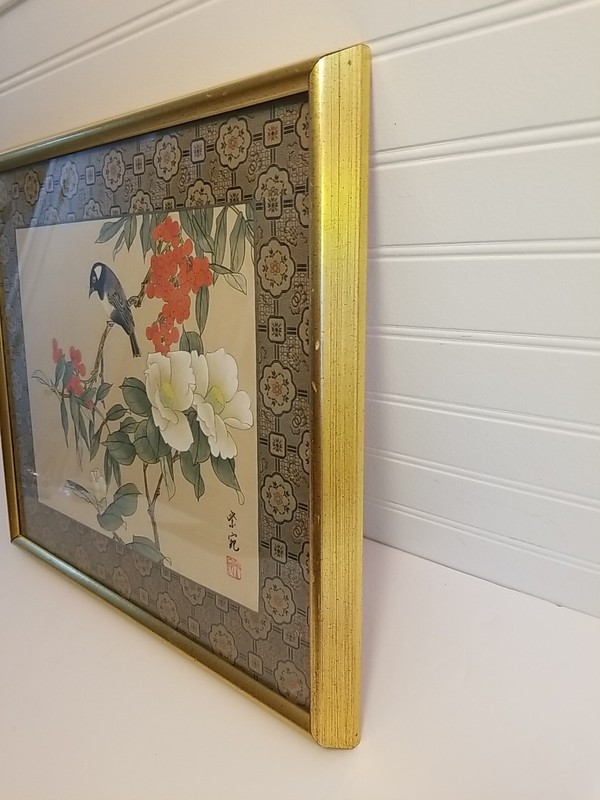 Vintage Chinese SILK PAINTING Textile Border Bird Tree Flowers 17x15 Gold Frame gallery