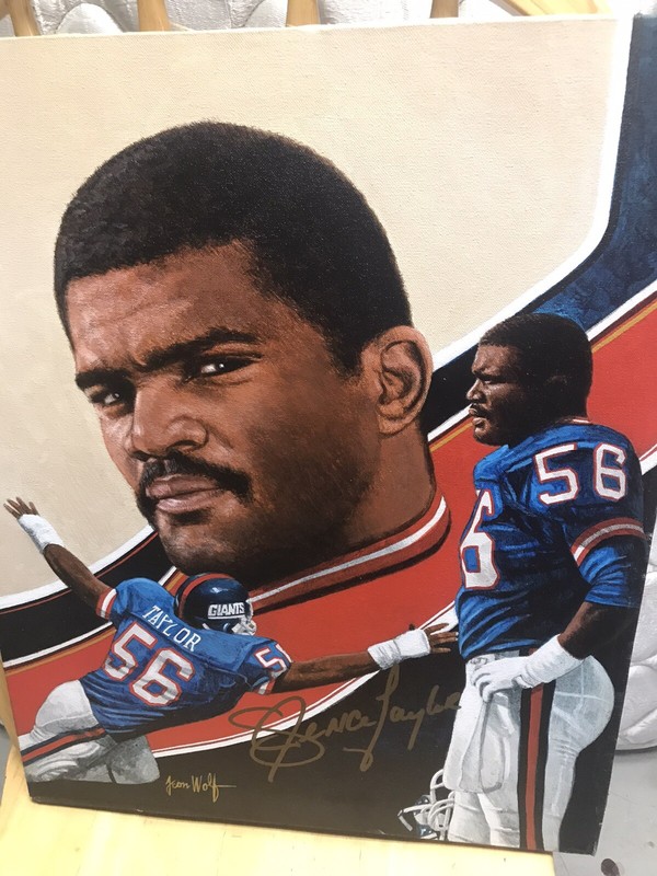Lawrence Taylor Autographed Giants Original 16 * 20 Leon Wolf Painting
