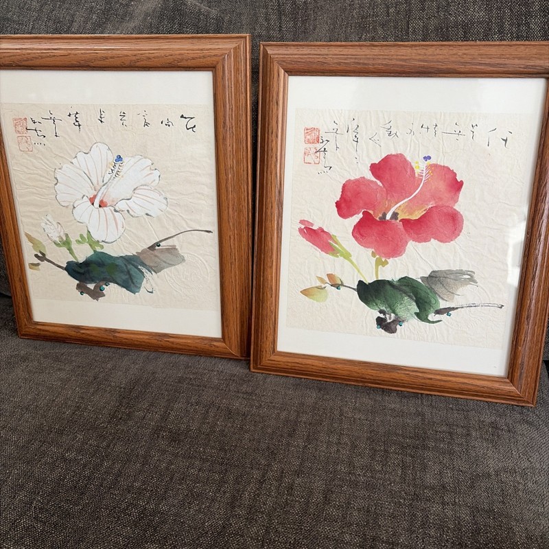 2 Signed Original Chinese Traditional Watercolors Hibiscus John H Chen Stamped gallery
