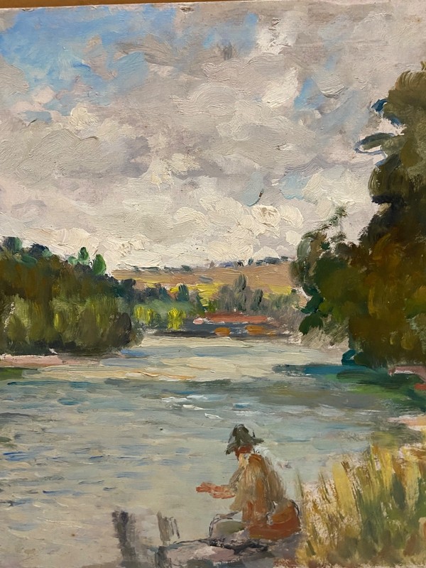 vintage oil on card board man fishing in imptessionist gallery