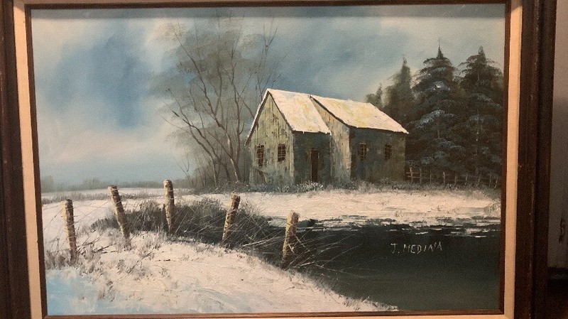 J. MEDINA ORIGINAL OIL PAINTING LANDSCAPE FRAMED LARGE 36 By 24 Winter Scene