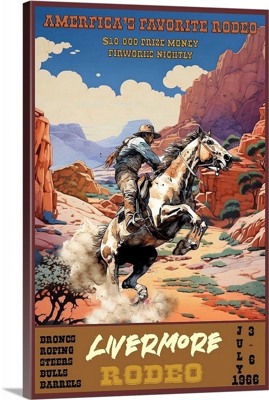 Livermore Rodeo Bucking Horse Travel Poster Framed Or Canvas Steers Bulls Broncs