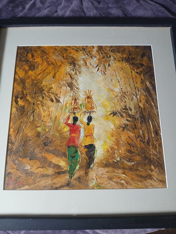 Balinese Style Painting 2 Women Carrying Baskets . Framed , Signed DS 05