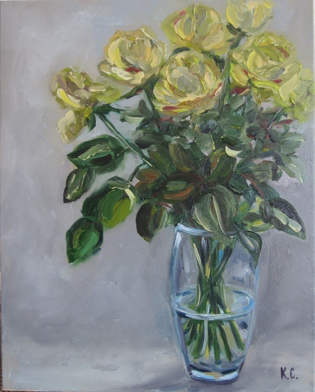 white roses original oil painting, roses in vase painting, rose wall art