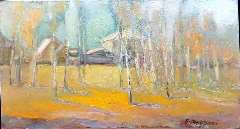 Artwork Oil handpainting Landscape Original forest village morning spring