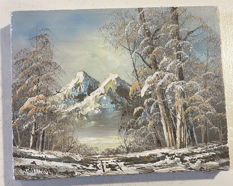 SNOWY MOUNTAIN RIVER LANDSCAPE OIL On Stretched Canvas Painting Signed 8×10” VTG