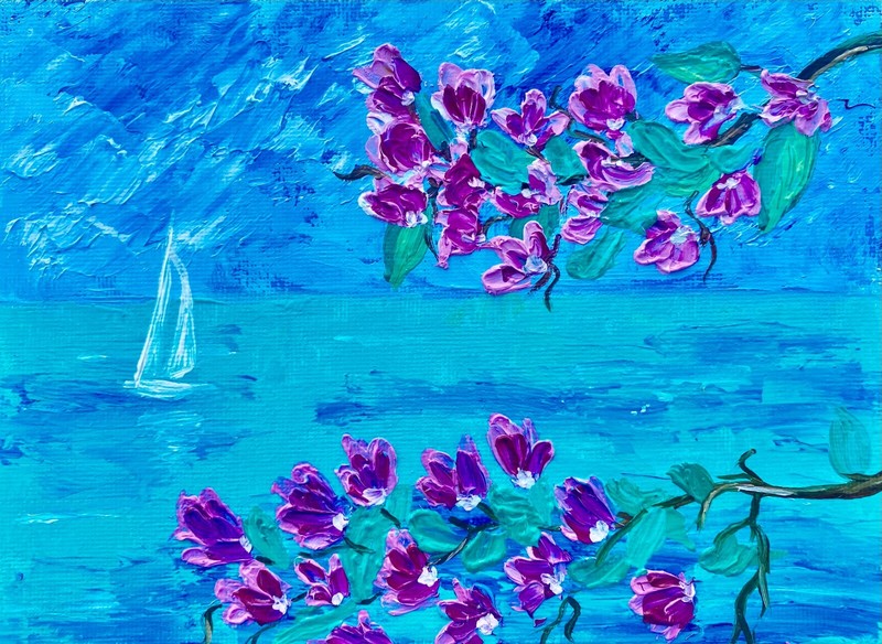 Hawaii Oil Painting Flowers Beach Art Hawaii Ocean Painting, Tropical Sea