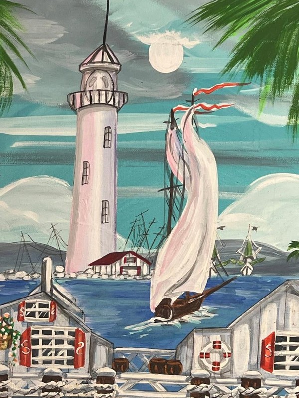 Vintage Nautical Lighthouse Coastal Beach Landscape Seascape Oil Painting Boats