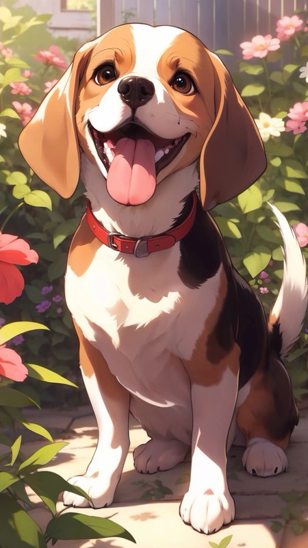 Beagle Dog Portrait Painting Contemporary Garden Scene Animal Art