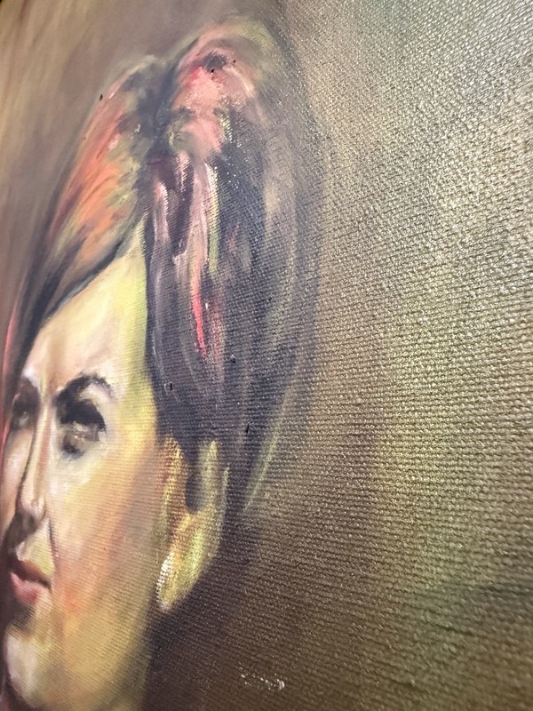 Mid century Oil Painting of a Woman in Green Turtleneck, 1960-70, 39 1/2" 27 1/2 gallery