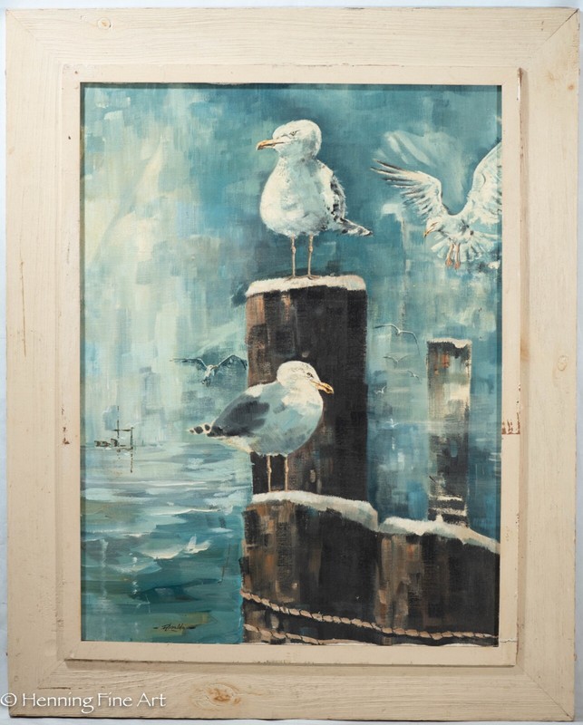 Vintage Karen Rinaldo Impressionist Oil Painting Seagulls on Pilings Cape Cod MA