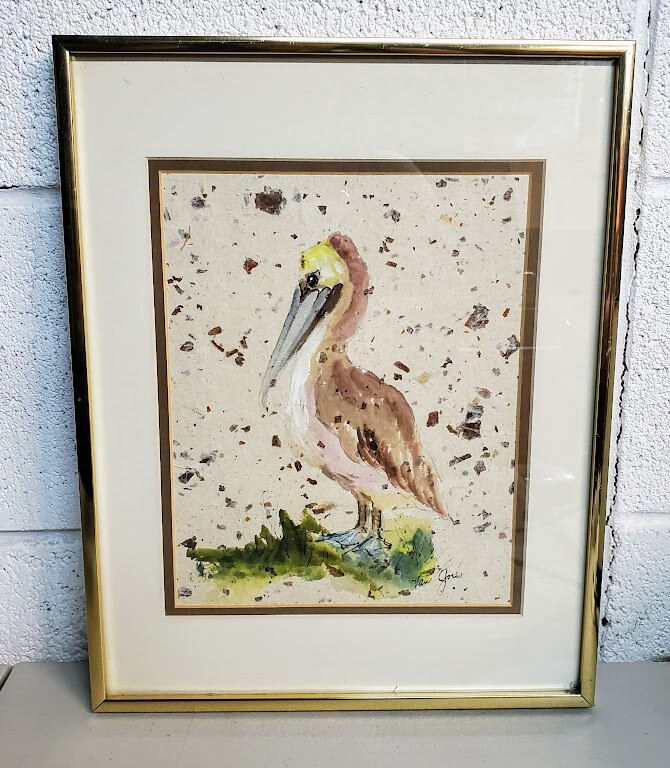 Vintage Impressionist Art Watercolor Painting of Pelican Signed Matted Framed