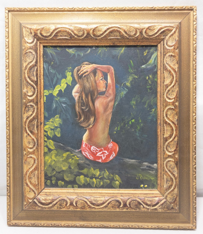 Vintage Mid Century Tropical Tiki Oil Painting Hawaii Woman Sarong J. Richardson