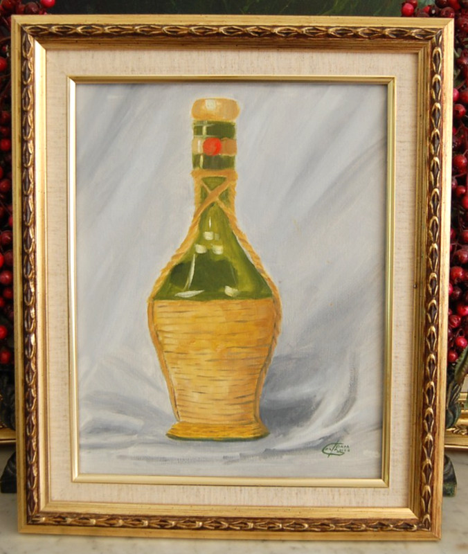 VTG 1990’S FRAMED SIGNED GLORIA OYANES ORIGINAL OIL OLD WINE BOTTLE A STILL LIFE