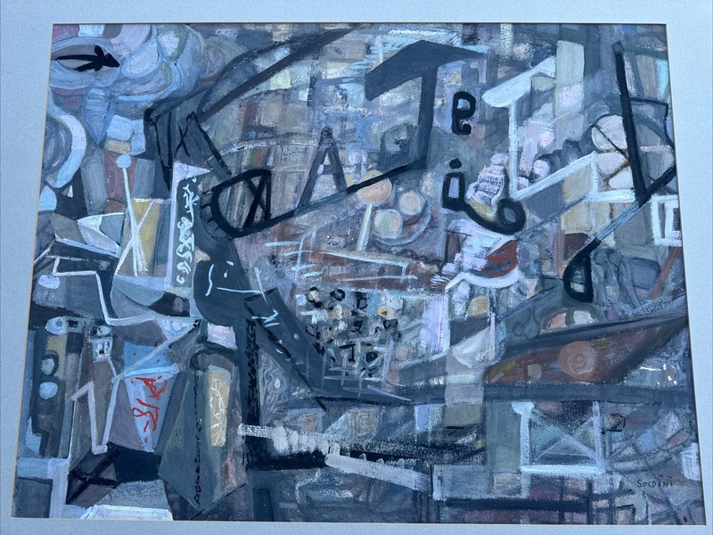 Mid Century Painting Abstract Technology Computer Age Exhibited Fran Soldini NWS