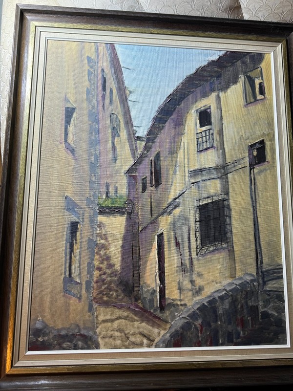 Large «European Village Street Landscape With Homes Scene» Oil Painting – Framed