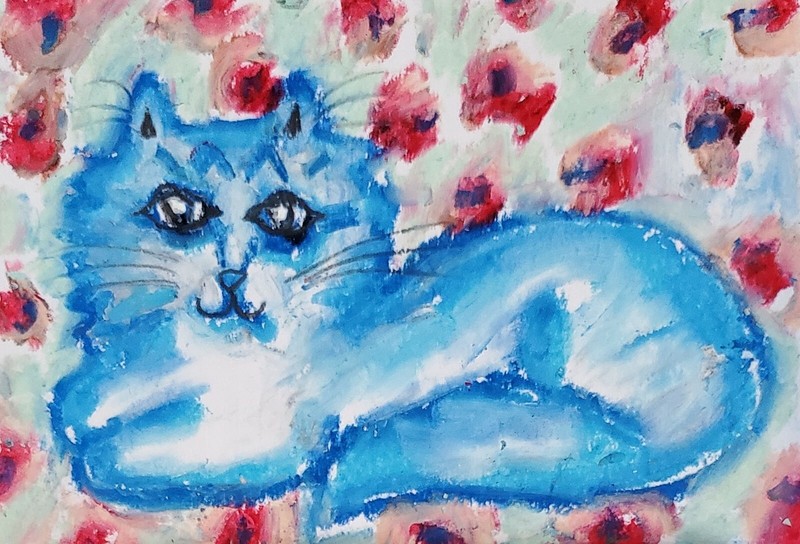 Blue Cat Flowers ACEO ORIGINAL CrayPas on Sturdy Art Paper Kitty ATC KSAMS