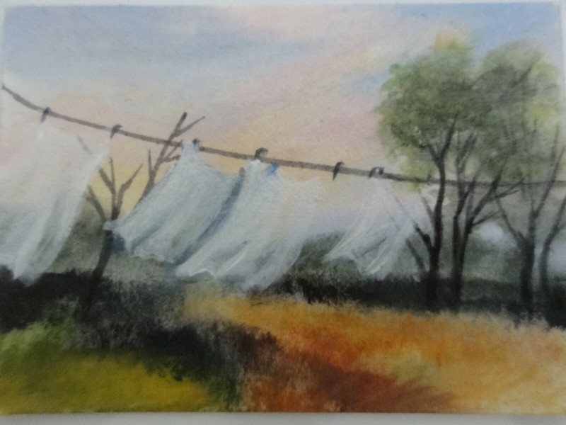 BY ARTIST LALA ORIGINAL HAND PAINTED ACEO LAUNDRY DRYING IN THE SUMMER WIND