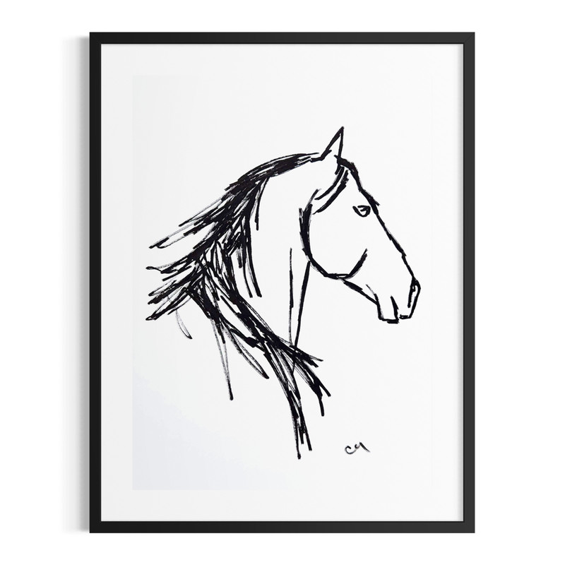 Original Horse 9×12 Acrylic Drawing Minimalist Black White Wall Art Multicolor