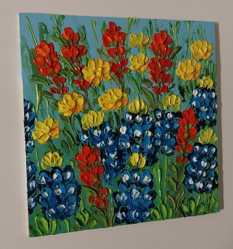 Framed Texas Wild Flowers Bluebonnets Indian Brushes 4x4” Oil Painting Original gallery