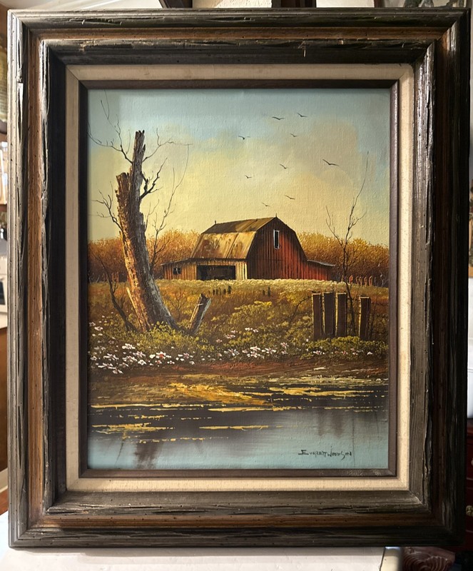 EVERETT WOODSON BARN & POND LANDSCAPE On CANVAS OIL PAINTING SIGNED