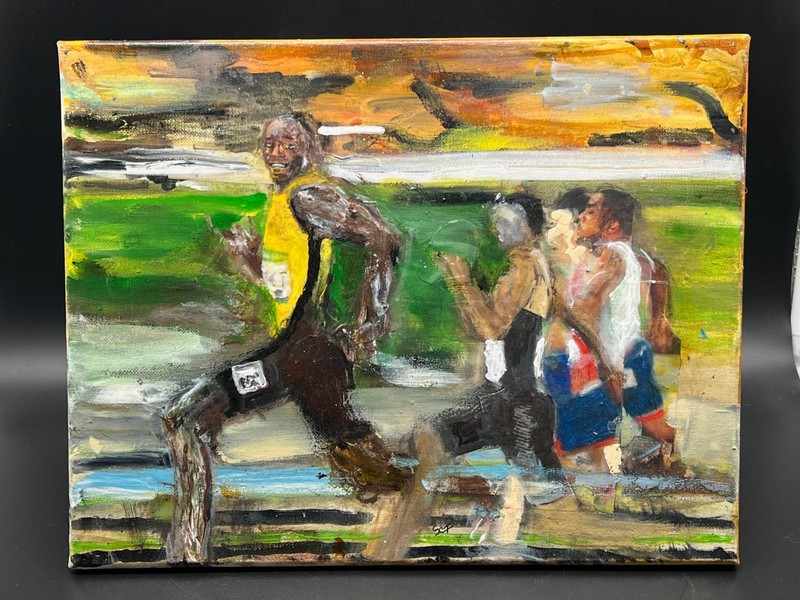 BOLT STRIDE Usein Running Race Pulling Ahead Original Collage Painting 14 x 11″