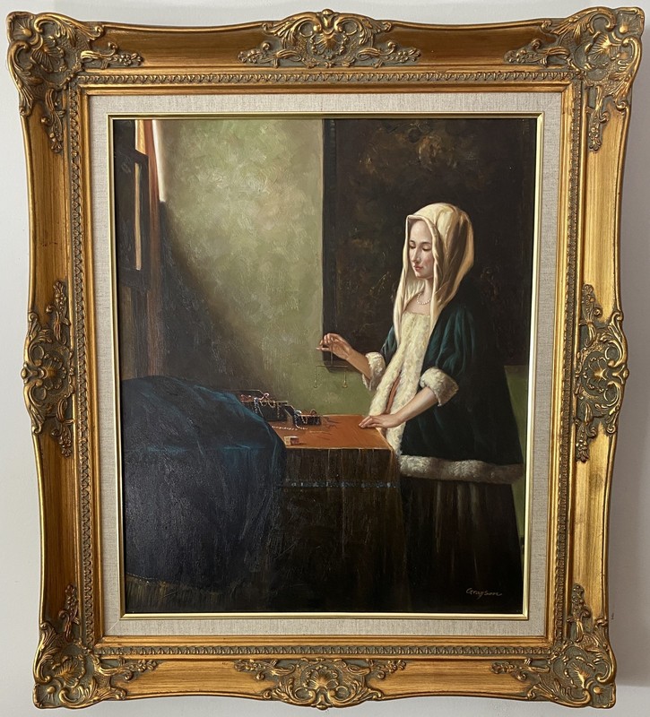 Classical Large Oil Painting – Woman Weighing jewelry – Ornate Gold Frame