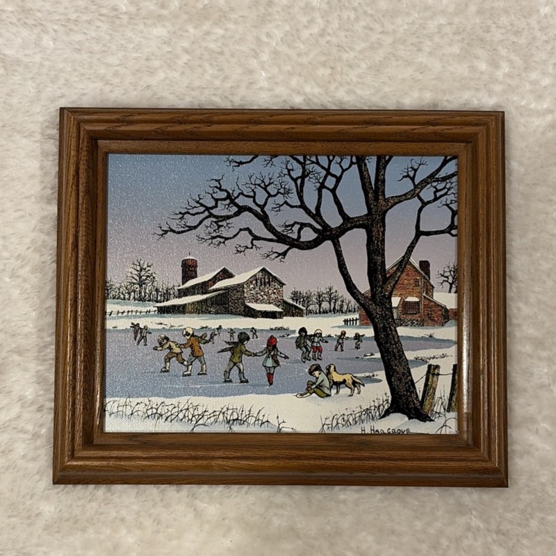 H. Hargrove Framed Serigraph Children Ice Skating Winter Barn Americana Signed