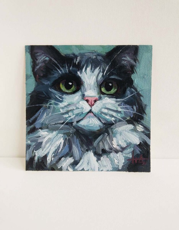 Original Oil Painting Portrait of a Black and White Cat Impressionist 6x6 inches gallery