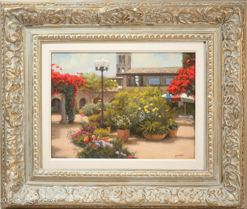 Beautiful Oil Painting of Southwestern Courtyard w/ Flowers, Roger Lundskow FINE