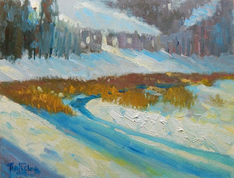 marsh grass snow Winter meadow stream oil painting Impressionist oil Landscape
