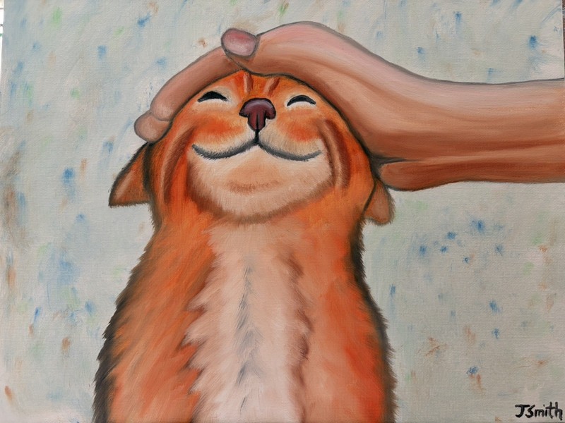 Original oil painting 11 x 14 inch happy colorful orange tabby cat being petted gallery
