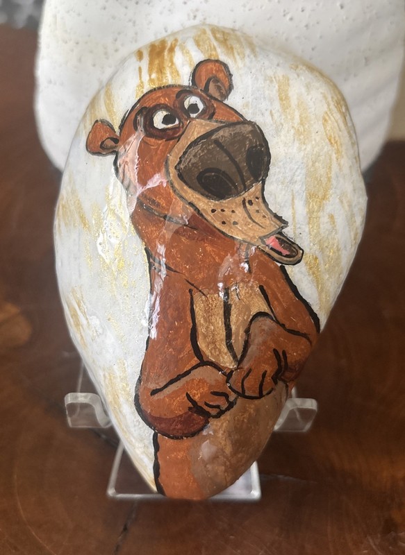 Hand Painted Rock «Fun Cartoon Bear” Garden Decor Art Collectible Paperweight