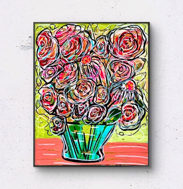 Original Abstract Flowers in Vase Still Life Painting – Reclaimed Materials