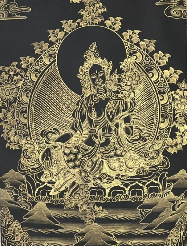 ORIGINAL HAND-PAINTED GREEN TARA TIBETAN THANGKA BLACK N GOLD WITH SILK BROCADE gallery