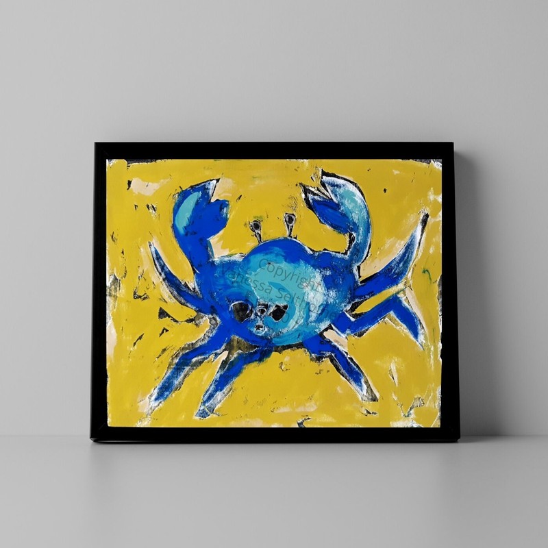 Original Blue Crab Painting Coastal Wall Art Nautical Beach Decor Sea Life 8×10