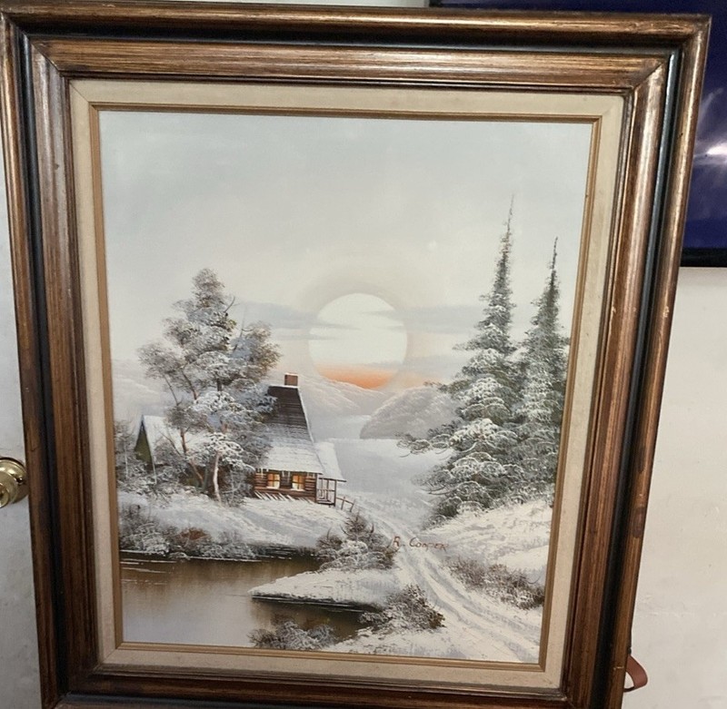 Framed Realism Winter Landscape Painting Cabin Trees River Wood Frame R Cooper