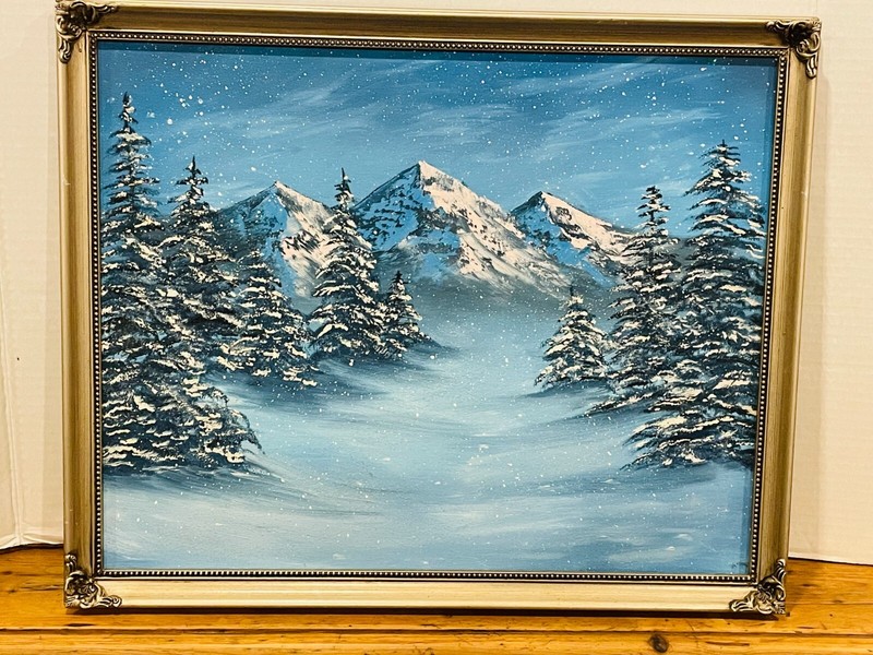 Bob Ross Style Wet on Wet Mountain & Snow Landscape Oil Painting- 18 x 21″