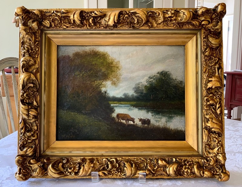 19th Century English Oil Painting Cows by Lake Landscape Signed W.Webb gallery