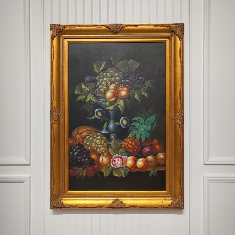 Large Vintage Still Life Oil Painting Fruit Floral Gold Ornate Frame Formal 44″