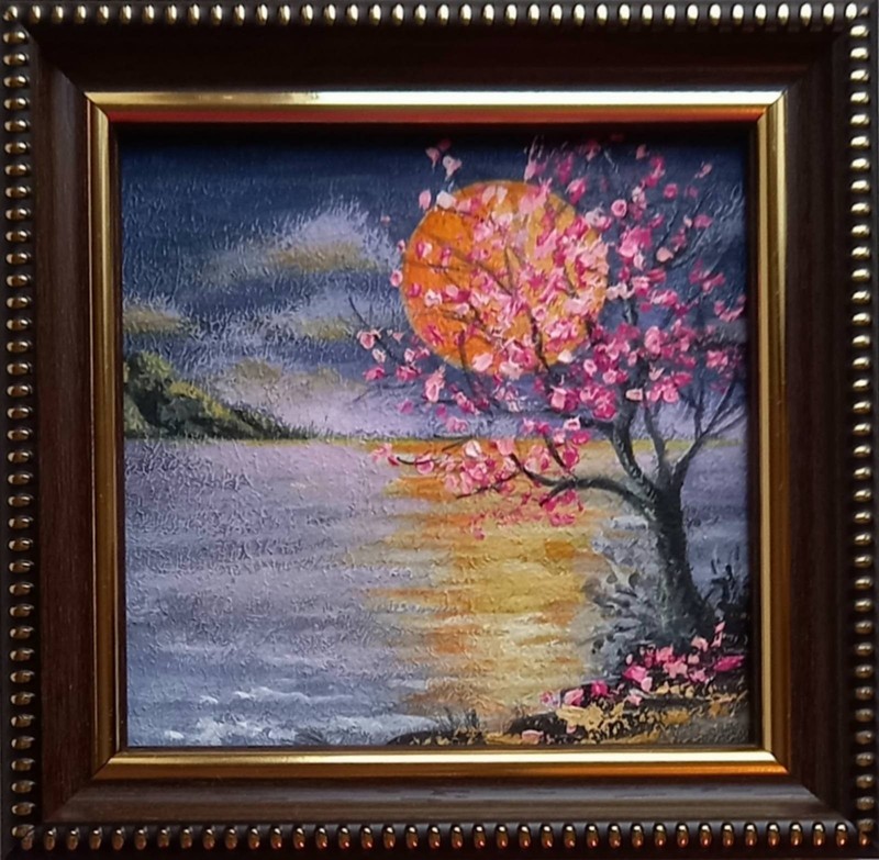 Spring ORIGINAL OIL PAINTING Seascape Cherry Blossoms Moon Wall Art 4 x 4 in
